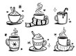 © Polina Tomtosova - Christmas hot drink set of winter coffee, tea. Hand drawn sketch style. Drink cup, mug with winter scarf. Vector illustration.
