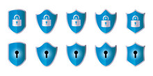 セキュリティ, 鍵, 盾, プライバシー, パスワードのベクター青アイコンセットイラスト