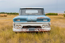 Abandoned Vintage Blue And White Pick Up Truck On The Saskatchewan Prairies