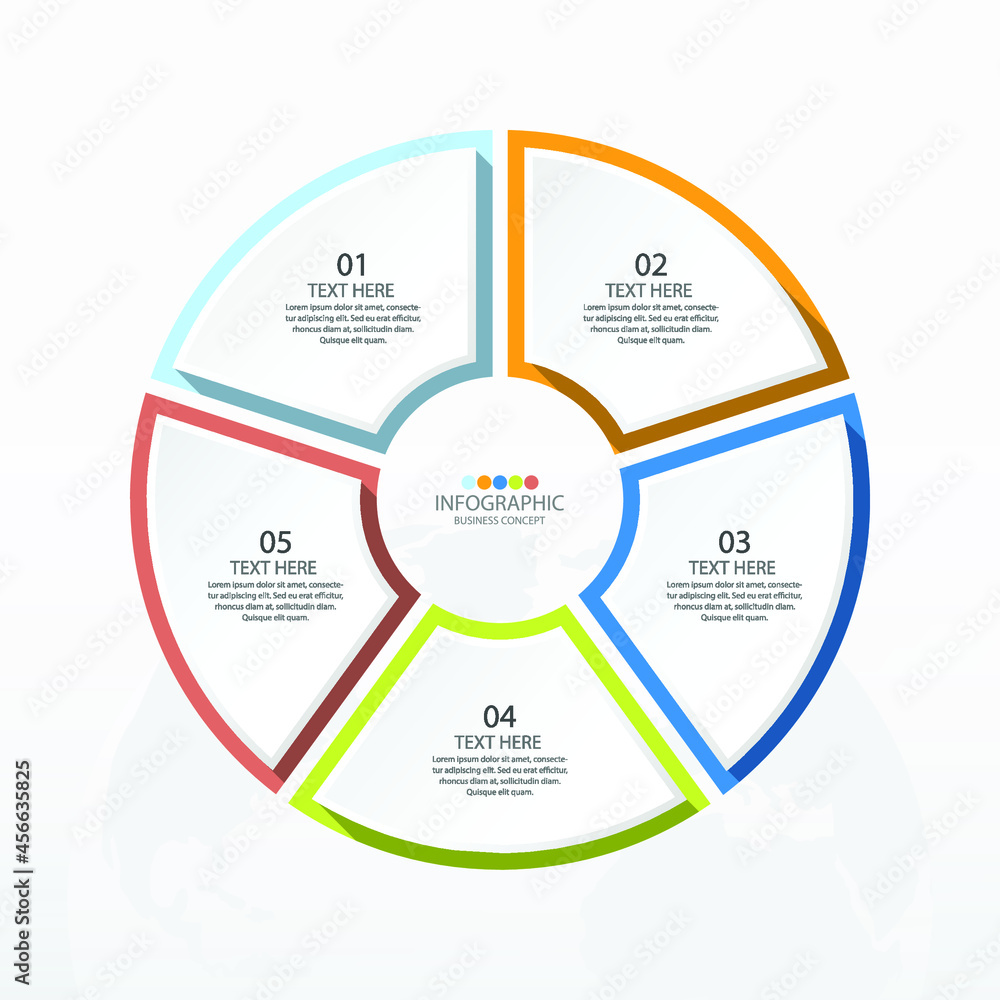 Basic circle infographic template with 5 steps, process or options, process chart, Used for process diagram, presentations, workflow layout, flow chart, infograph. Vector eps10 illustration.