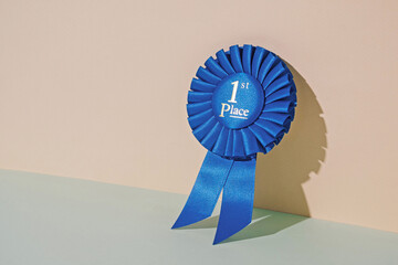 Wall Mural - trendy minimal photo reward first place on a pastel background and bright sunlight. champion prize.