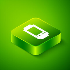 Isometric Cinema ticket icon isolated on green background. Green square button. Vector