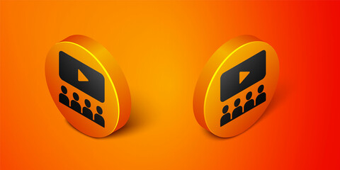 Poster - Isometric Cinema auditorium with screen icon isolated on orange background. Orange circle button. Vector