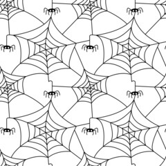Seamless pattern with spider web and  spider isolated on white background. Vector flat illustration. Design for Halloween backdrop, textile, wrapping, wallpaper