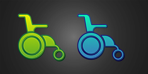 Wall Mural - Green and blue Wheelchair for disabled person icon isolated on black background. Vector