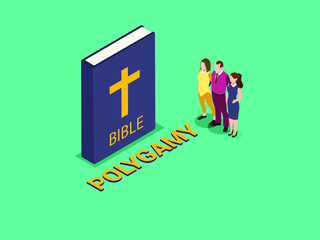 Polygamy vector concept. Young man embracing his two wives while standing together near the bible