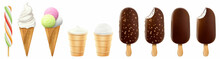 Set of ice cream in a waffle cone and popsicle isolated on a white background. Realistic 3D vector
