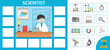 Vector character illustration of scientist doing scientific research. Game for preschool kids. Puzzle. Profession. Scientist and scientific equipment