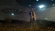 Alien landing in a dark landscape in the night with a little drone under three giant ufo flying with glowing blue light  - concept art - 3D rendering