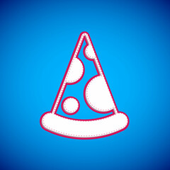 Sticker - White Slice of pizza icon isolated on blue background. Fast food menu. Vector