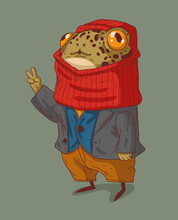 A Well-dressed Frog In A Jacket With A Knitted Balaclava On Her Head Shows Everyone In Peace