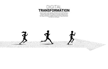 Poster - Silhouette of Businessman and businesswoman running on the arrow path with dot connect line circuit. concept of digital transformation of business.