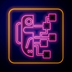 Wall Mural - Glowing neon Humanoid robot icon isolated on black background. Artificial intelligence, machine learning, cloud computing. Vector