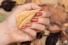 Female Hand With Red Autumn Nail Design. Woman Hand Hold Dry Leaf. Red Autumn Nail Polish Manicure With Golden Glitter