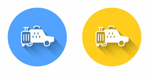 Wall Mural - White Taxi car icon isolated with long shadow background. Circle button. Vector