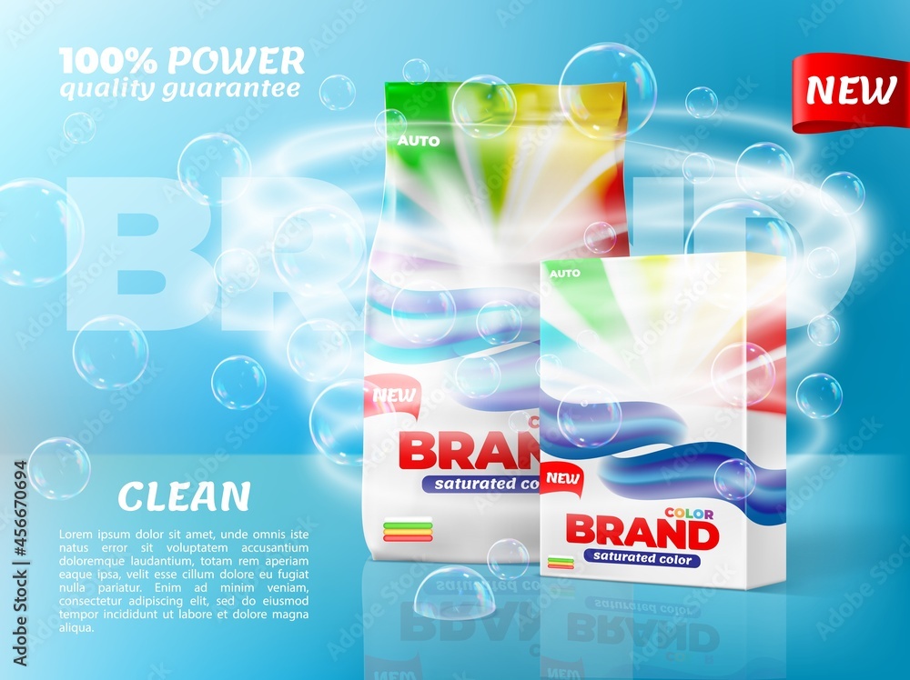 Washing powder packaging with soap bubbles and water whirl. Washing ...