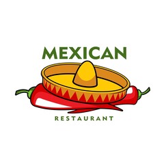 Wall Mural - Mexican restaurant icon, vector jalapeno chili peppers and sombrero hat. Cartoon emblem with traditional symbols of Mexico. Design element for Latin cafe menu or signboard isolated on white background