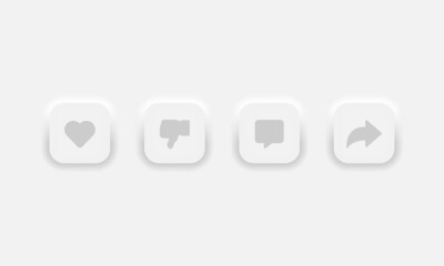 Wall Mural - Neumorphic UI UX Design Elements Vector Buttons Like Dislike Comment Share on abstract grey background. Vector illustration EPS 10