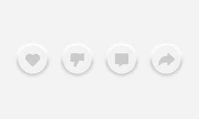 Wall Mural - Neumorphic UI UX Design Elements Vector Buttons Like Dislike Comment Share on abstract grey background. Vector illustration EPS 10