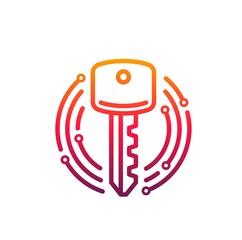 Aufkleber - Cyber security icon key inside of microcircuit circle. Vector emblem internet safety theme, information and data protection, prevention of hacker attack. Design element isolated on white background