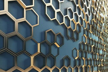 Canvas Print - Abstract blue and golden hexagonal background. Landing page concept. 3D Rendering.