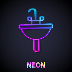 Poster - Glowing neon line Washbasin with water tap icon isolated on black background. Vector