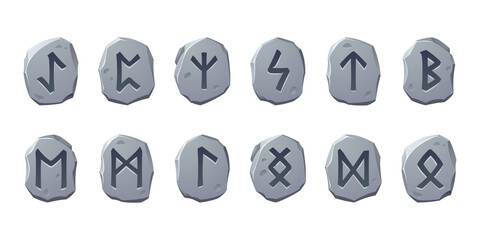Rune stones with sacred glyphs for game design isolated on white background. Vector cartoon set of ancient stones with engraved magic signs, scandinavian runic characters