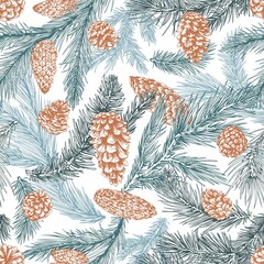 Wall Mural - seamless pattern with christmas fir tree branches. repeating botanical background with coniferous ne