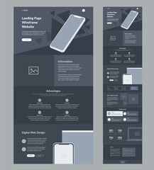 Wall Mural - website template design. dark landing page site wireframe. one page site layout interface for your c