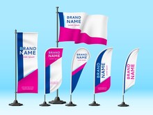 Flags Banners Identity. Realistic Unified Design Promotional Sign, Fabric Branded Mockup, Advertisement Marketing And Event Info. Vector Set