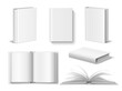 © VectorBum - Realistic books mockup. White blank opened and closed book with hardcover, different angles, top and front view, empty pages, vector set