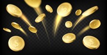 Golden Coins Explosion. Realistic Dollar Coins Flying With Moving Traces, Gambling Games Prize, Casino Jackpot, Money Cash, Vector Concept