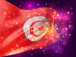 Wall Mural - Tunisia, vector 3d flag on pink purple background with lighting and flares