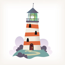 Vector Image Of Ocean Lighthouse On A Hill Surrounded By Clouds And Plants. Isolated Vector Illustration
