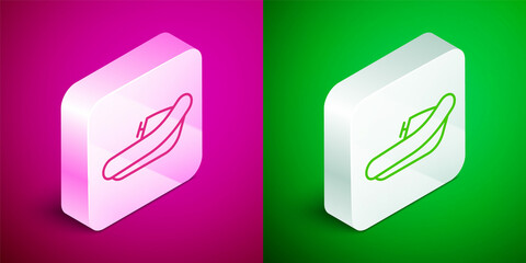 Wall Mural - Isometric line Inflatable boat with outboard motor icon isolated on pink and green background. Silver square button. Vector