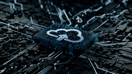 Data storage Technology Concept with cloud upload symbol on a Microchip. Data flows from the CPU across a Futuristic Motherboard. 3D render.