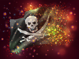 Wall Mural - 3d vector mesh flag of a pirate skull on a black background with lighting and flares