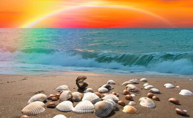 Wall Mural - Sea shells on sand background with amazing rainbow at sunset