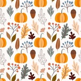 Fototapeta  - Autumn decorative seamless pattern with pumpkins and seasonal elements, acorns, plants, leaves