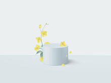 Product Display Mockup Design, Blue Pastel Circle Podium Decorated With Golden Shower Flowers  And Leaves