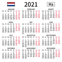 2021 Year Calendar. Simple, Clear And Big. Dutch Language. Week Starts On Monday. Saturday And Sunday Highlighted. No Holidays. Vector Illustration. EPS 8, No Gradients, No Transparency