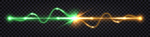 Electric Discharge Shock Effect, Yellow Vs Green Light Clash. Lightning Thunder Bolt, Power Energy Flash Explosion. Impulse Line Wire Isolated On Dark Transparent Background. Vector Illustration