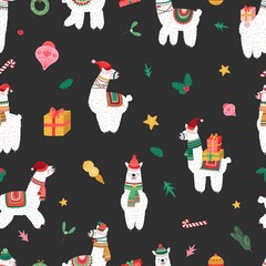 Wall Mural - Llama print. Cute cartoon alpaca, christmas branches and gifts. Holiday vector seamless pattern