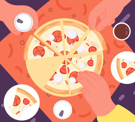 Sticker - Friends dinner with pizza. Top view lunch, fast food delivery. Hands take drinks, joy home party. Cafe or pizzeria, friendship utter vector concept