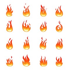 Poster - Cartoon fire icons. Orange blaze symbols, flame emblems. Isolated campfire, hot burn bonfire. Flammable, danger effect or ignition recent vector elements