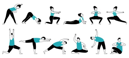 Poster - Yoga workout. Muscles training, stretching activities. Isolated strong sport man woman, healthy lifestyle. Body fitness poses, decent vector characters