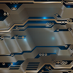 Sticker - Circuit board background. Technology concept, dark background. Analog circuit. Electronic computer technology, digital chip. Banner, presentation. Space for text, copy space. Vector design