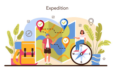 expedition guide. tourists hiking, making tent and sitting at the campfire