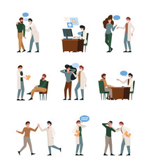 Wall Mural - Medic dialogue. Patients talking with people doctor consulting garish vector flat illustrations set