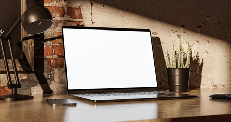 Wall Mural - Laptop with the blank screen on the office table. Loft style, 3d illustration